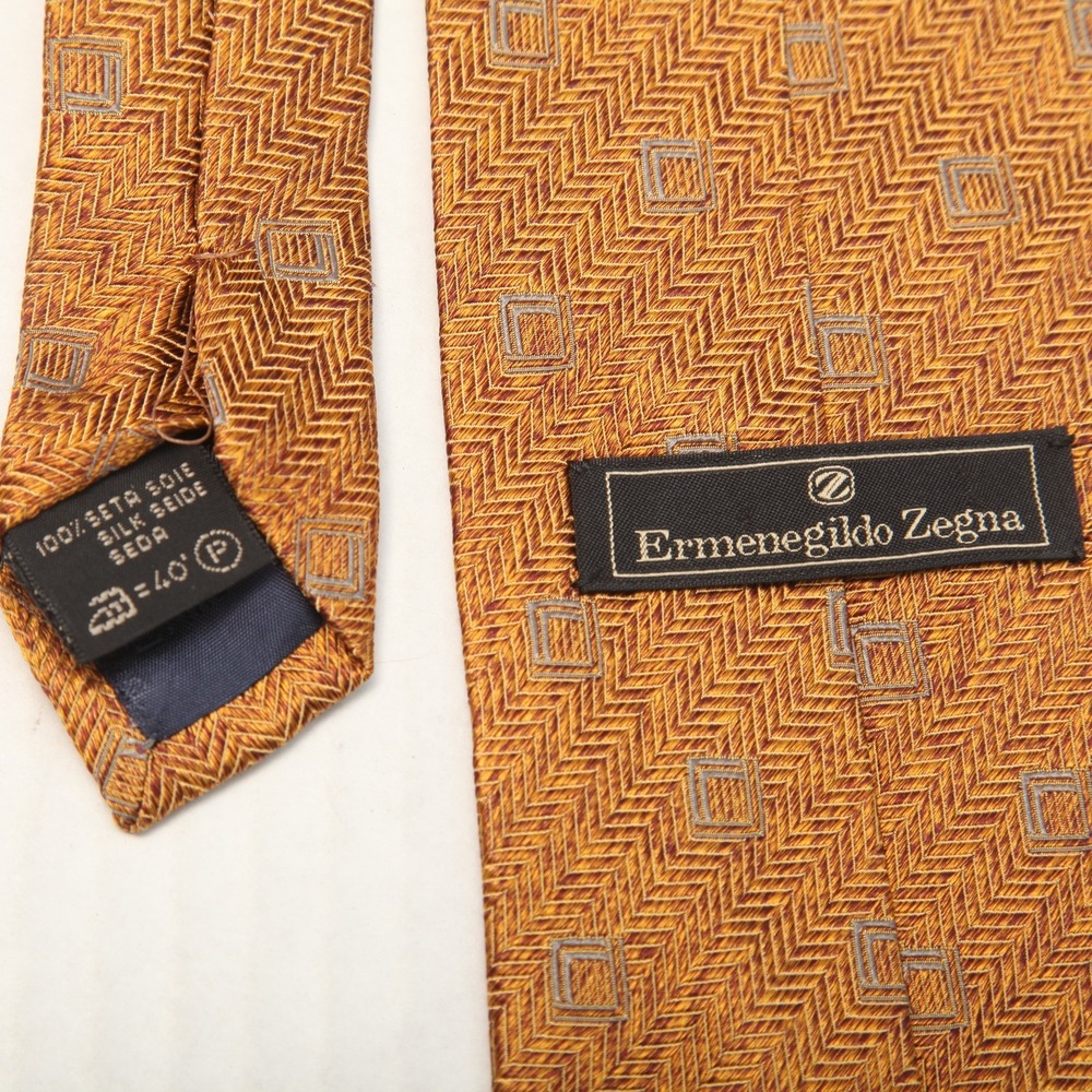 Ermenegildo Zegna Men's Silk Tie Orange Brown Gold Herringbone Geometric Pattern - Picture 2 of 6